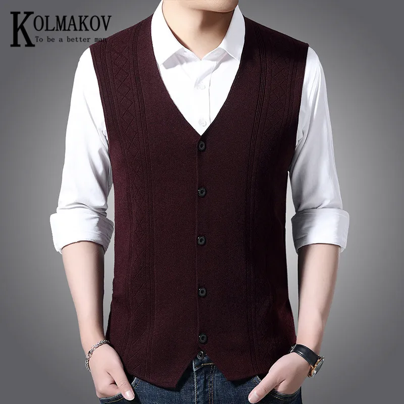 

KOLMAKOV Autumn Winter New Style Men's Woolen Waistcoat Youth Casual Cardigan Sweater Vest Shoulder Pure Color Without Collar