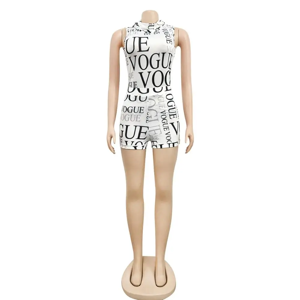 

Europe's new fashion alphabet print bodysuit casual high neck sleeveless women's Vest shorts