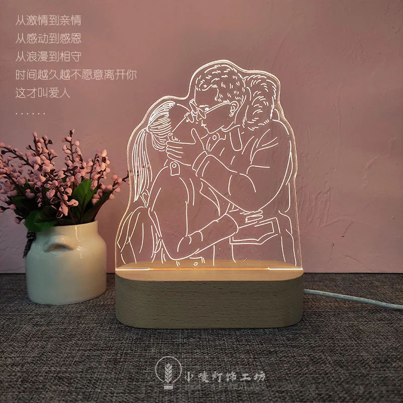 Ночсветильник 3D с текстом под заказ USB прикроватная лампа деревянной основой