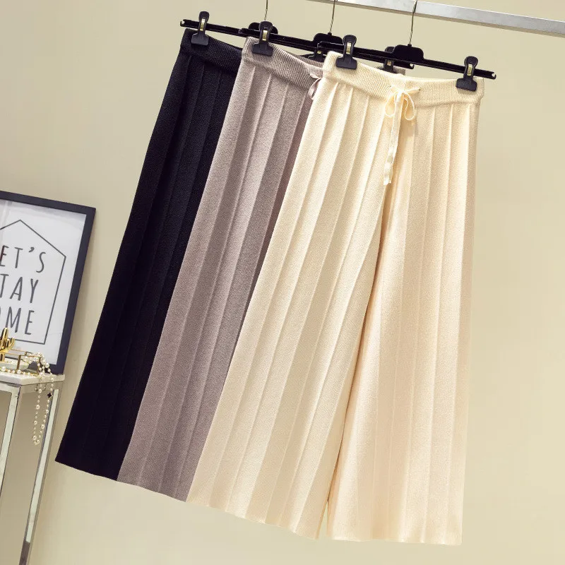 SINGRAIN плиссированные Трикотажные Широкие брюки для женщин свободные эластичные