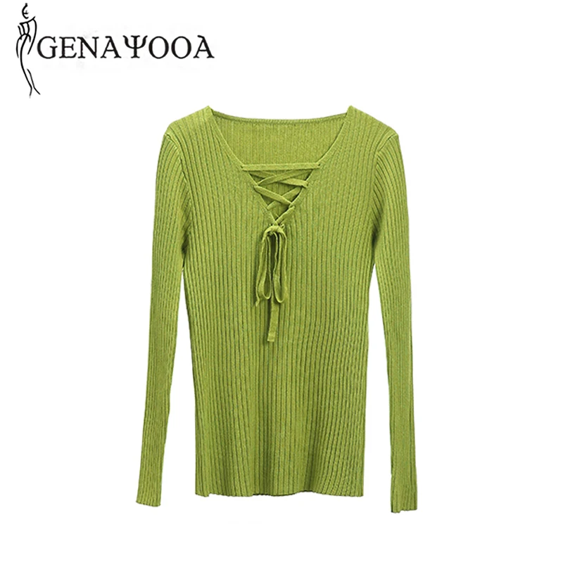 

Genayooa Autumn Knitted Women Sweater Long Sleeve Casual Lace Up Knitting Female Pullover Solid Slim Sweater 2020 Korean Style