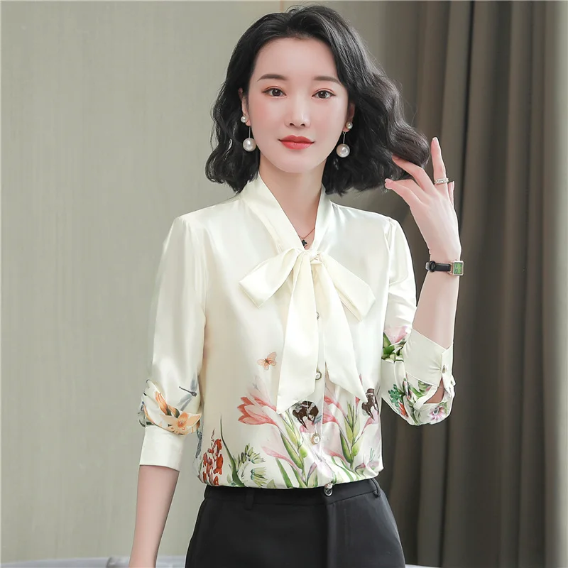 Женская атласная блузка TingYiLi Элегантная Шелковая Рубашка с цветочным принтом