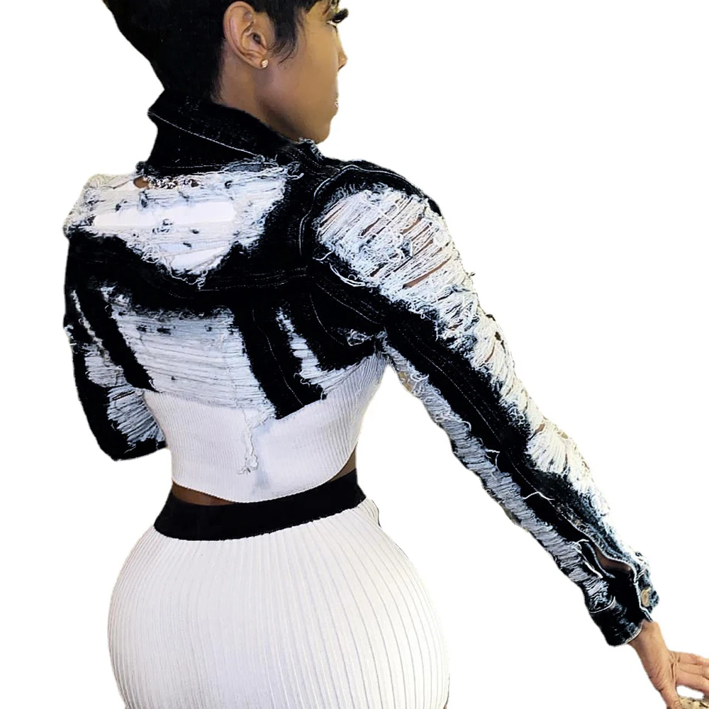 

Donsignet Denim Jacket Women Autumn Fashion Sexy Mini Denim Jacket Solid Color Hole High Street Jean Jacket Casual Coat Women