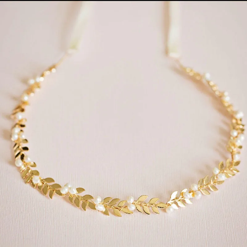 SLBRIDAL золотой цвет сплав листья жемчуг свадебная повязка на голову для волос лоза