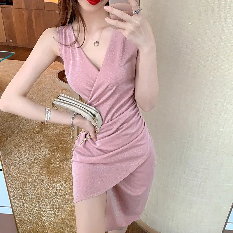 

2021 Summer New Cross V-neck Slim Fit Fitted Waist Pleated High Waist Irregular Slit Dress for Women Jum