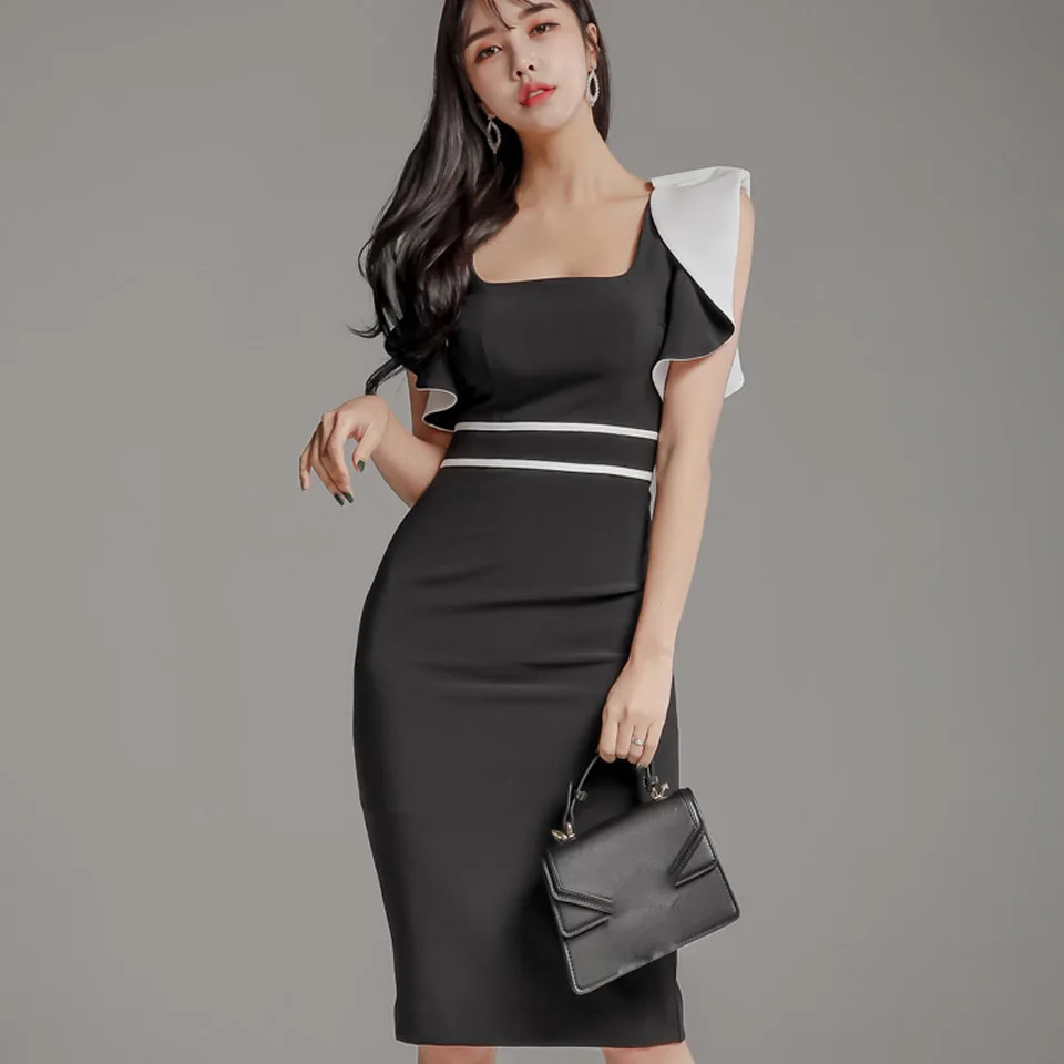 Платье без рукавов с оборками Офисные женские туфли платье 2020 Весна квадратный