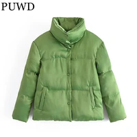 puwd casual women green satin cotton dress 2021 winter bread coat solid high street warmth parka loose female chic thick outwear