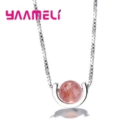 fashion round pink strawberry quartz 925 sterling silver short box chains lady pendant necklace wholesale jewelry women