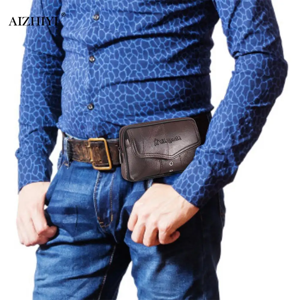 

Men Cowhide Leather Fanny Waist Bag Classic Texture Creative Delicate Design Chic Business Solid Mobile Phone Belt Bum Pouch