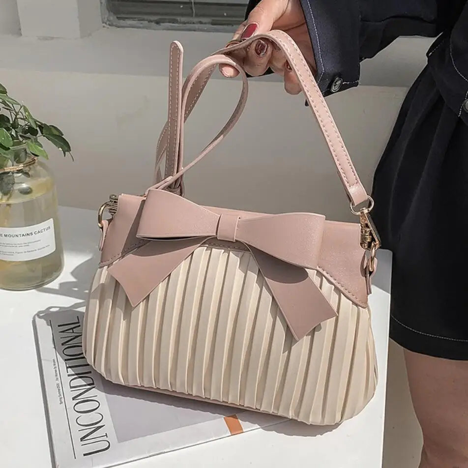 

Pink Bow Pleated Crossbody 2021 Summer New Quality PU Leather Women's Designer Handbag Beautiful Lady Shoulder Messenger Bag Sac