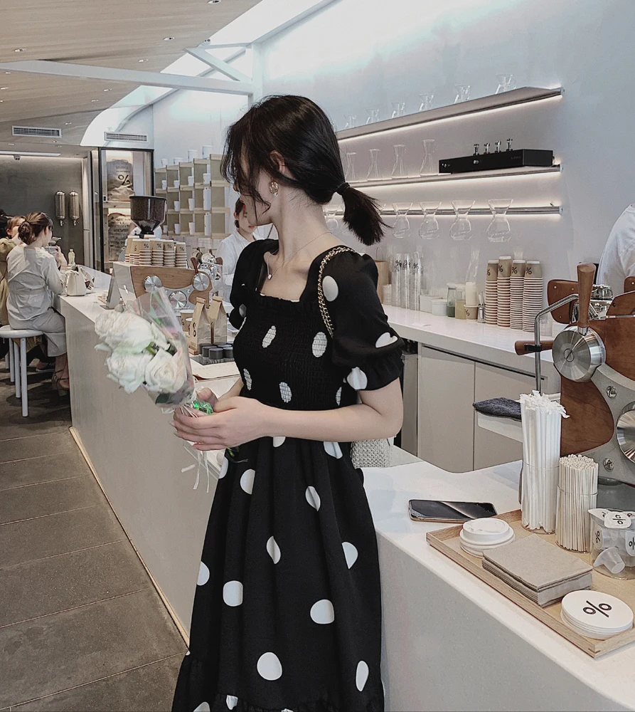 

CMAZ Women Casual Summer Korean Style Dot Printed Chiffon Shirt Dress Short Princess Sleeve Bow Midi Dress Vestido 3930#