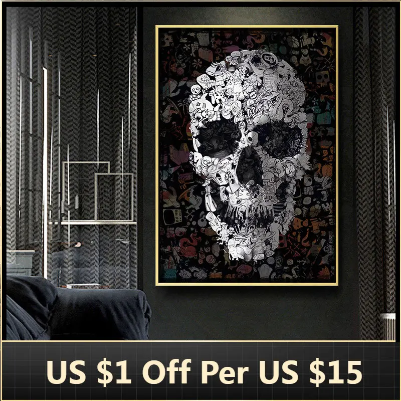 Картина на холсте Рисунок каракули череп черно-белые настенные художественные