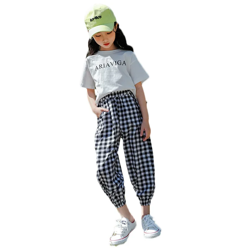 

Children Girl Sets Summer Clothes Kids Drilled Wing Short Sleeve T-Shirt+Plaid Ninth Pants Two-Piece Suit Casual Pullover Outfit