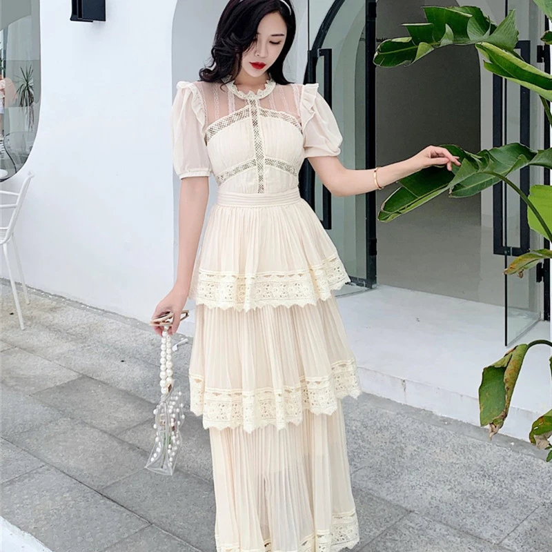 

High Quality Women's Elegant Layers Ruffles Dress 2020 Summer Short Sleeve Draped Dresses Casual Slim Patchwork Lace Dress