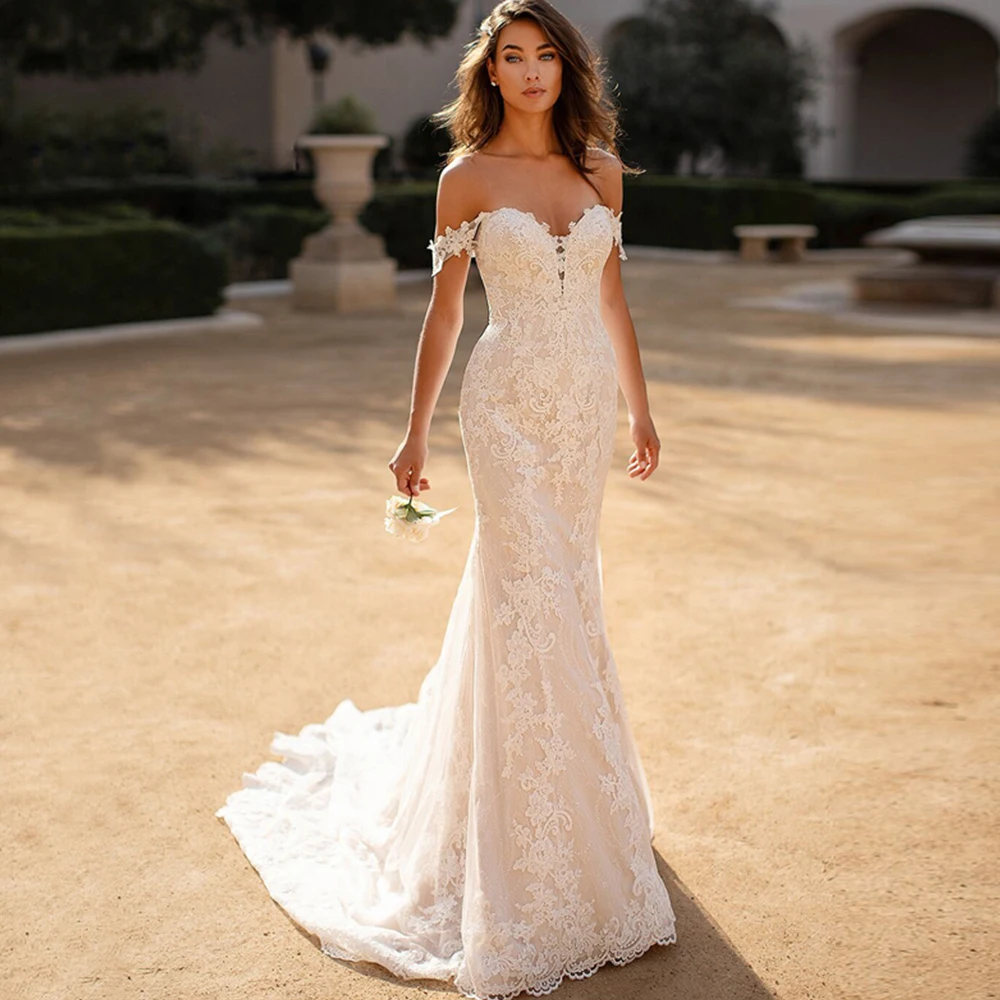 

Lace Off The Shoulder Wedding Dresses Mermaid Tulle Appliques Dubai Saudi Arabia Wedding Gown Bridal Vestido De Noiva