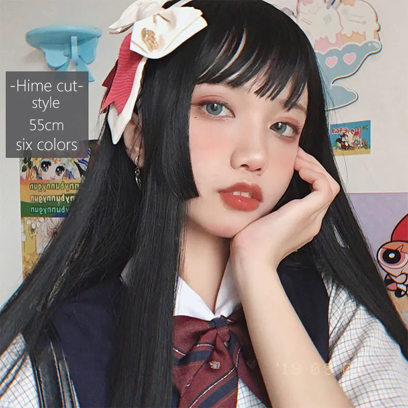 Hime Cut hairstyle 55cm Long Wig Straight Hair Pink Blonde Gray Black Wig for Woman Girls Cosplay Wig Hair Extension MUMUPI