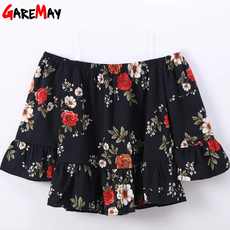 Женская шифоновая блузка с цветочным принтом Женский Топ открытыми плечами и