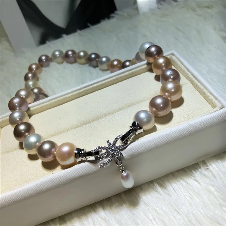 

Hand knotted natural large 10-13mm color Edison freshwater pearl temperament micro inlay zircon clasp necklace fashion jewelry