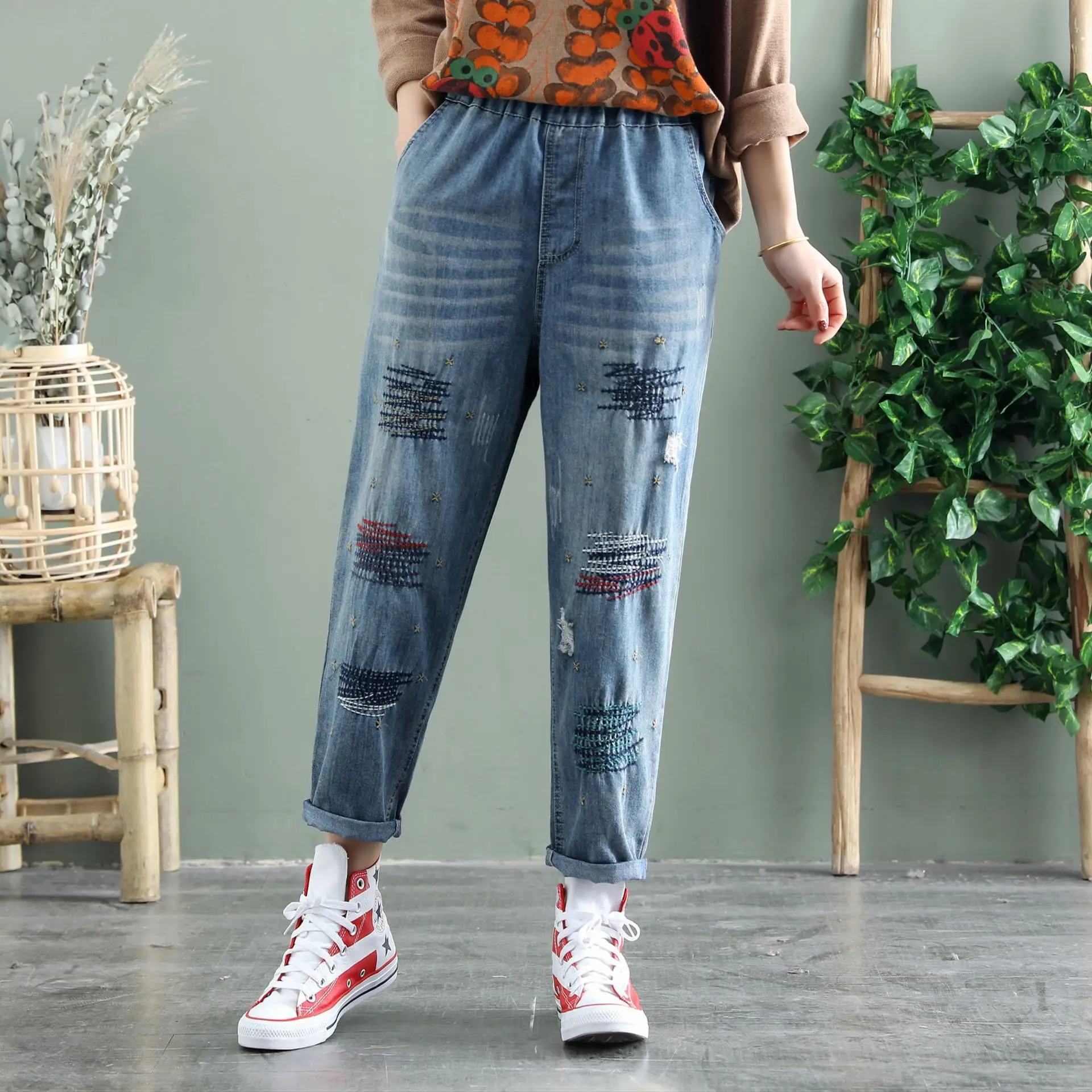 Женские рваные джинсы в винтажном ретро-стиле тонкие брюки до щиколотки с