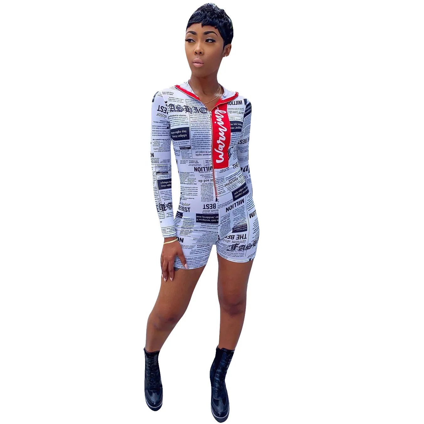 

New Sexy Women Playsuits Newspaper Printed Long Sleeve Hooded Skinny Bodysuit Body Mujer Body Femme Streetwear