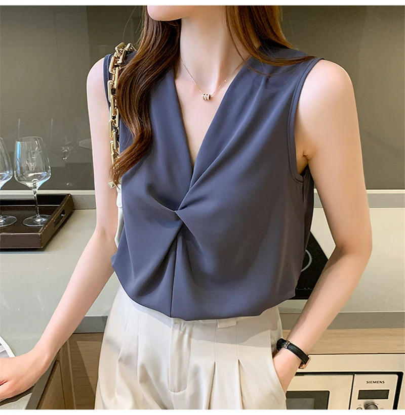 

Women Summer Blouse Shirts Sexy V Neck Front Ruched Lace Up Blouses Office Ladies Sleeveless Casual Tops top mujer ropa mujer