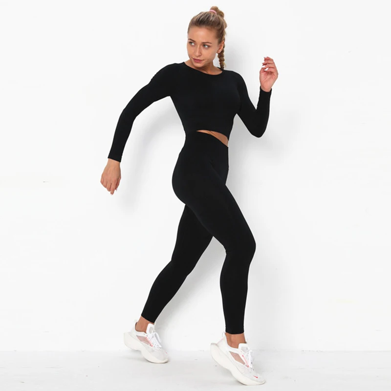 

New Seamless Women 2pcs/set Sport Suit Gym Workout Clothes High Waist Energy Leggins + Long Sleeve Fitness Crop Top Sportswear