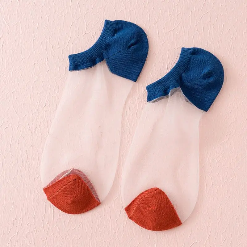 

Japanese Women Transparent Glass Fiber Boat Socks Cute Candy Color Block Patchwork Non-Slip Grip Invisible Short Hosiery