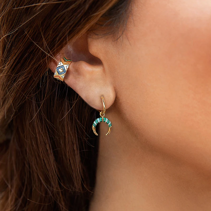 New 925 Sterling Silver Yellow Gold Color Asymmetric Green and White Zircon Stripes Tribal Crescent Moon AB Earrings for Women | Украшения