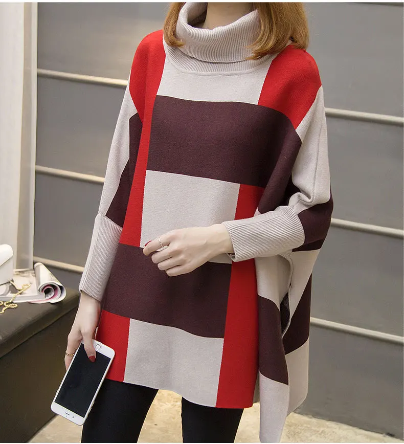 

Spring/Autumn Pullover Korean Sweaters Women Loose Turtleneck Sweaters Lady Color Matching Geometric Batwing Sleeve Knit Tops