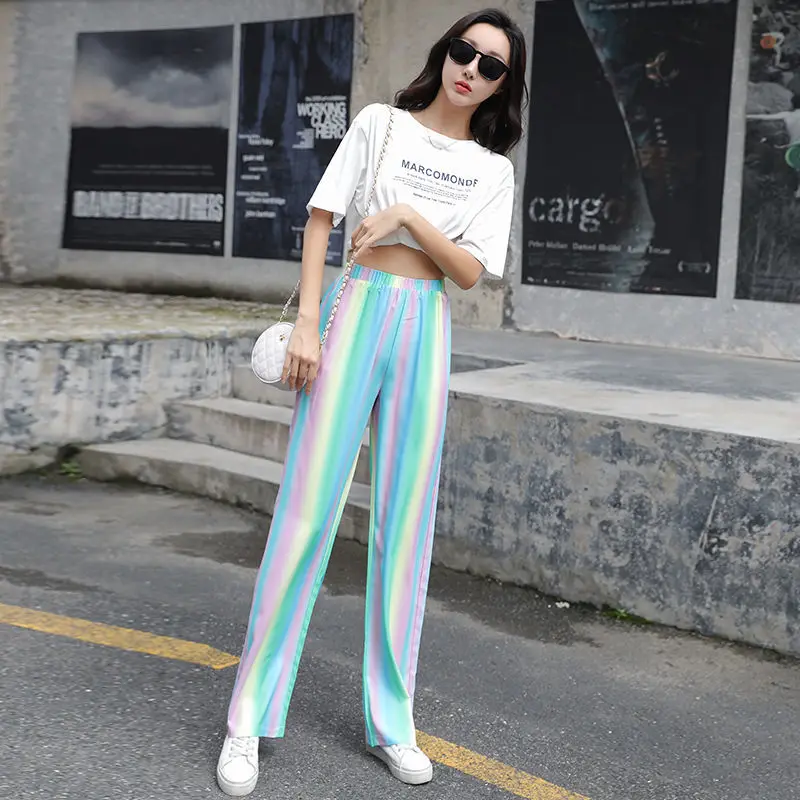 

Rainbow striped wide leg trousers women's high waist straight leg slacks summer slacks
