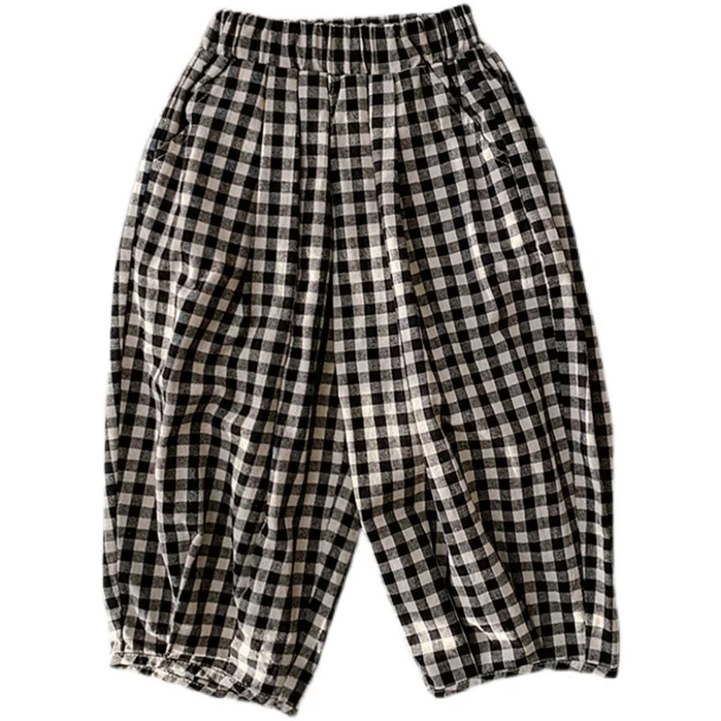 

2021 New Spring Summer girls loose ankle-length plaid trousers children unisex cotton casual wide leg pants