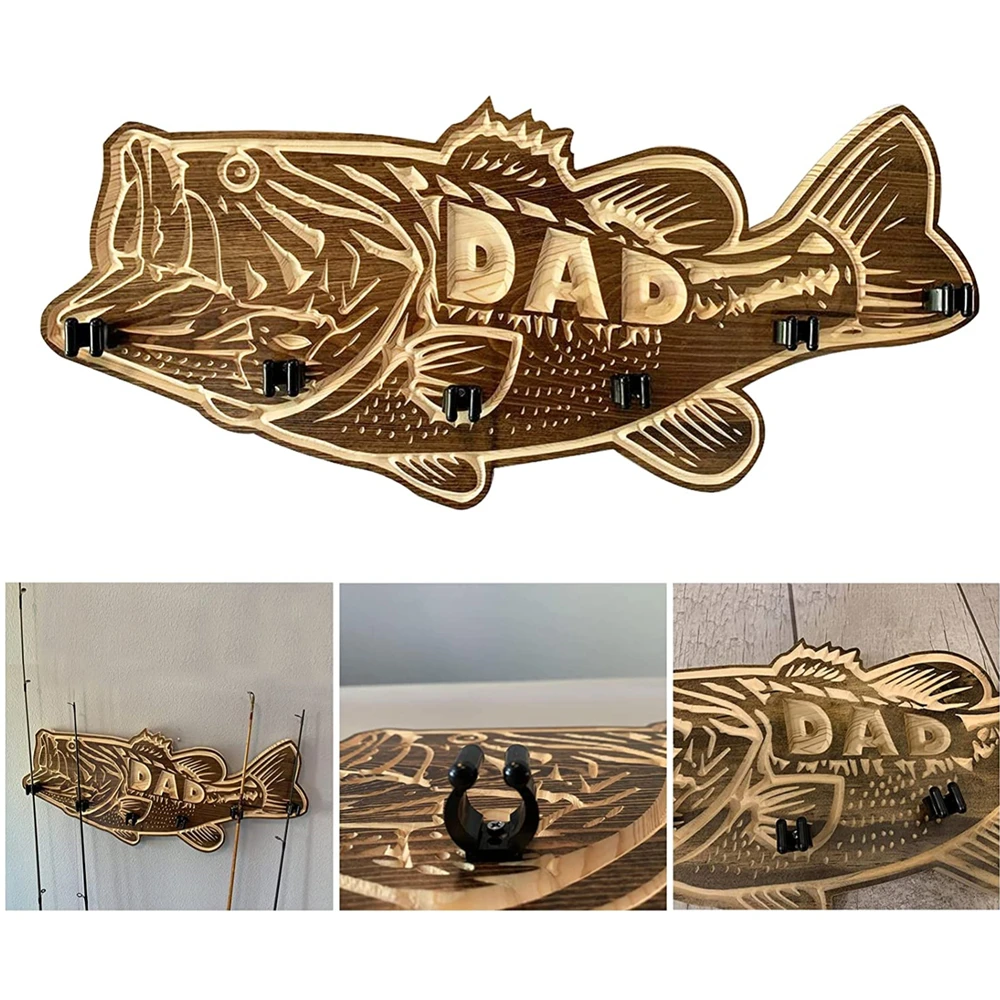 

Fishing Rod Holder Wall Mounted Wood Large Mouth Bass Fishing Pole Rack Storage Holder Fathers' Day Gifts DIY Home Decorations