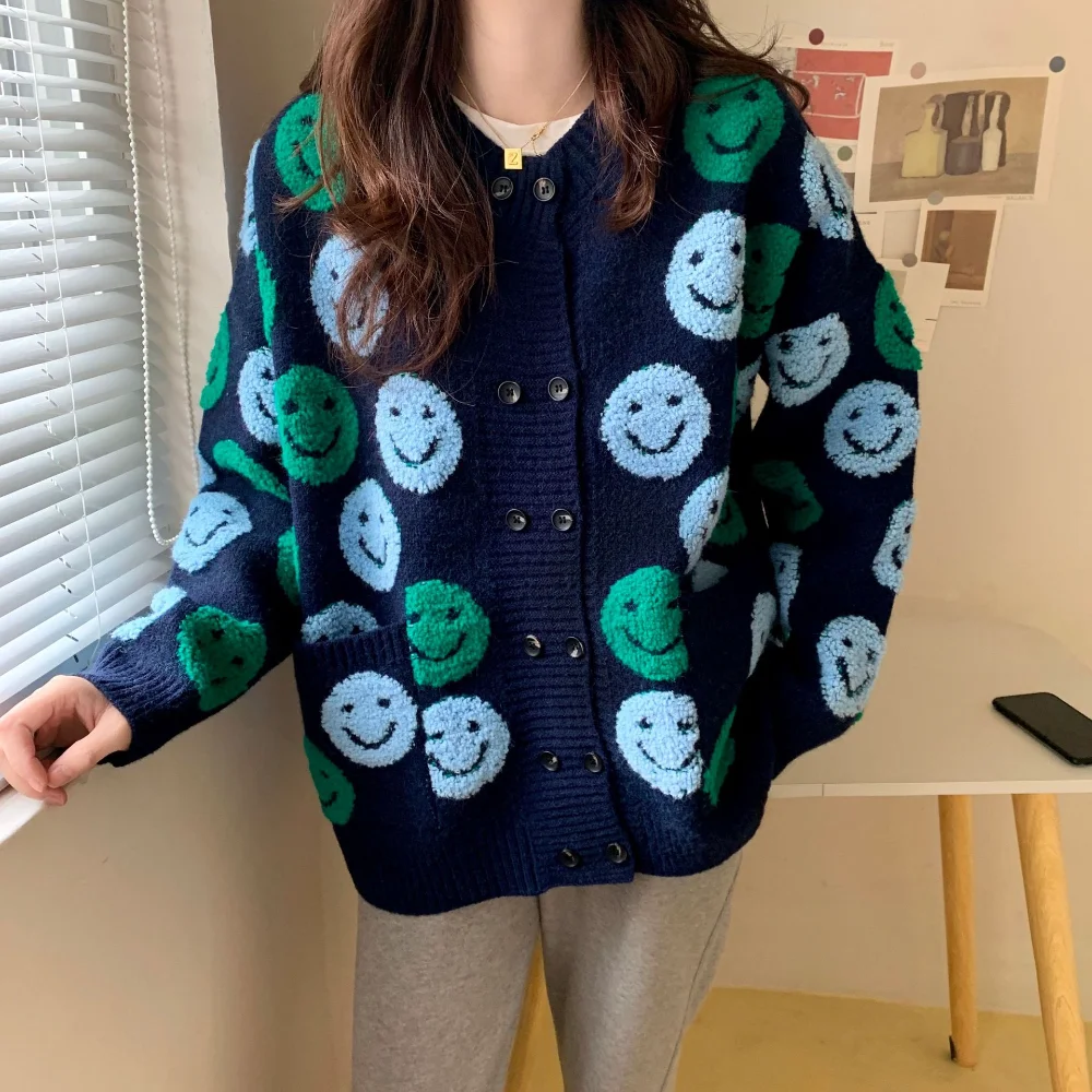 

BEAUTANA Cardigan Sweater 2021 Autumn Happy Smile O Neck Double Breasted Women Loose Knit Crochet Coat Top Korean Fashion Jersey