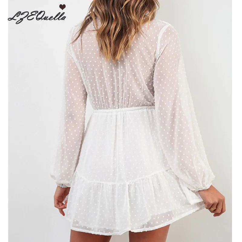 Женское шифоновое мини платье LZEQuella вечерние кружевные платья с длинным рукавом