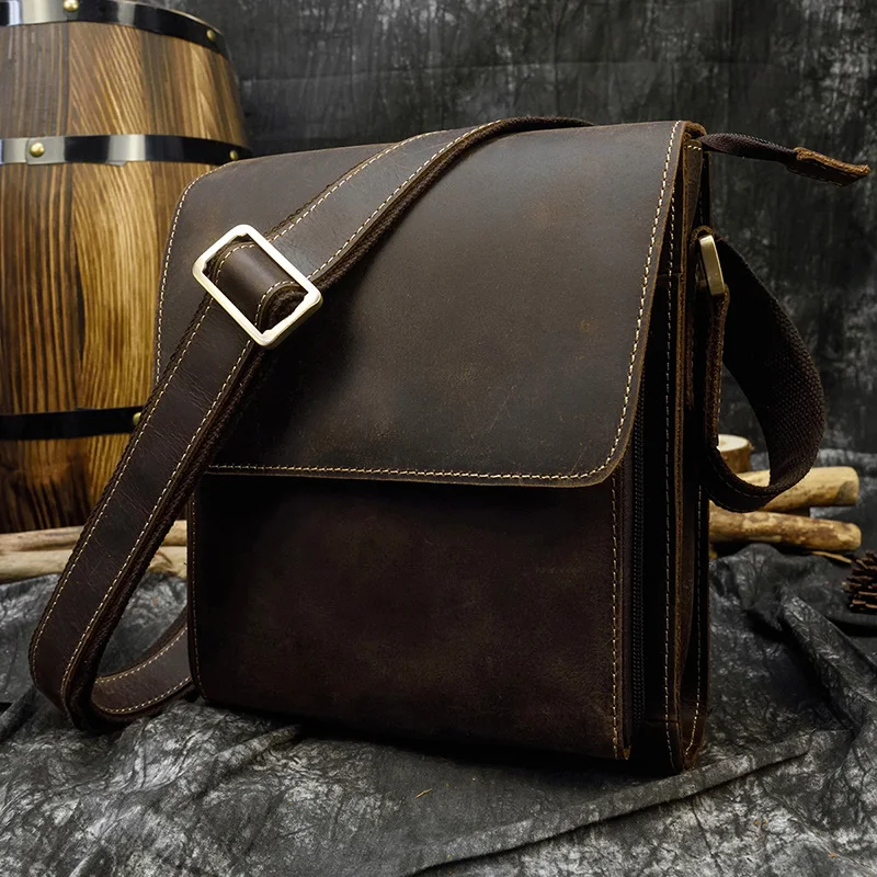 Men's Vintage Crazy Horse Leather Bag iPad Cow Leather Shoulder Bag Zip Around Casual Crossbody Bag Cowhide Briefcase Purse