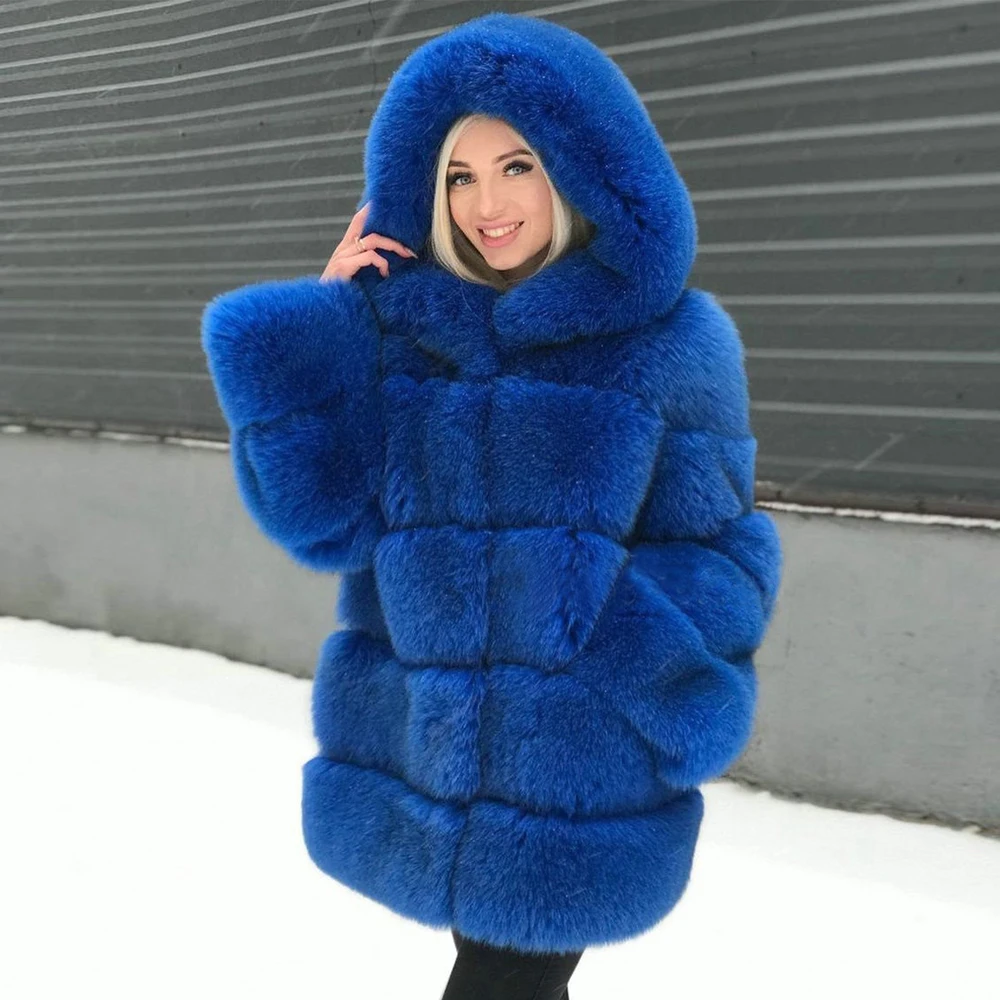 Medium Length Real Fox Fur Jacket with Big Hood Thick Warm Fur Overcoat Woman Natural Whole Skin Genuine Fox Fur Coat Female