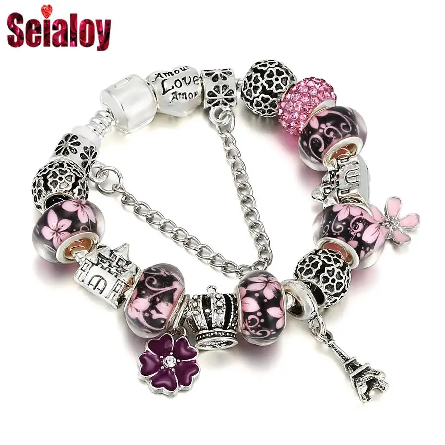 

Seialoy Silver Color Tower Flower Charm Bracelets For Women Original Pink Crystal Flower Bead Bracelet Bangle Mother's Gift