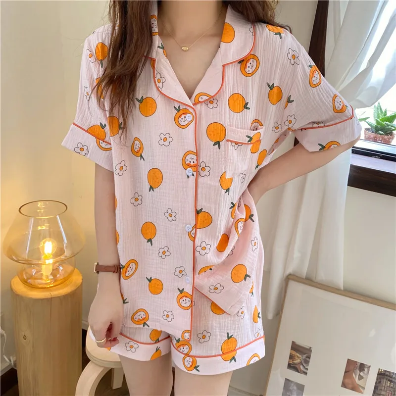 

CBAFU cartoon print women pajamas set summer sleepwear 2 piece set home suit short sleeve shorts pyjamas 100% cotton set M908