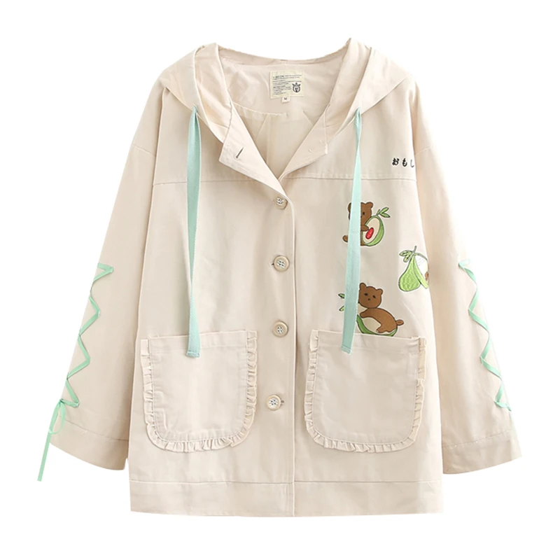 

Japanese Spring Girl Hooded Coat Vitality Girl Cute Loose Ribbon Bear Embroidery Windbreaker Thin Jacket Women Overcoat