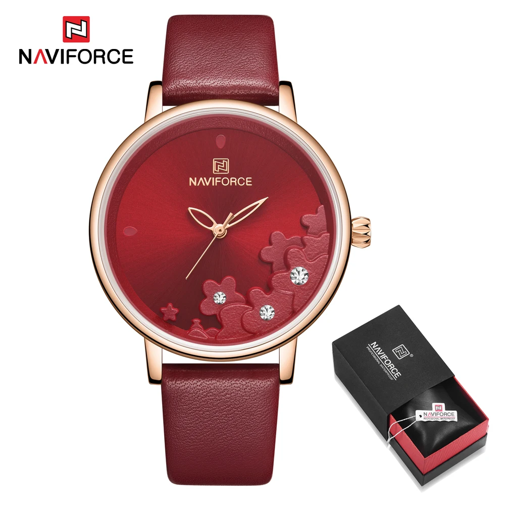Red in Box NAVIFORCE, новинка, часы с красным кожаным ремешком, женские часы, женские Кварцевые водонепроницаемые наручные часы, женские часы - Цвет: Red in Box