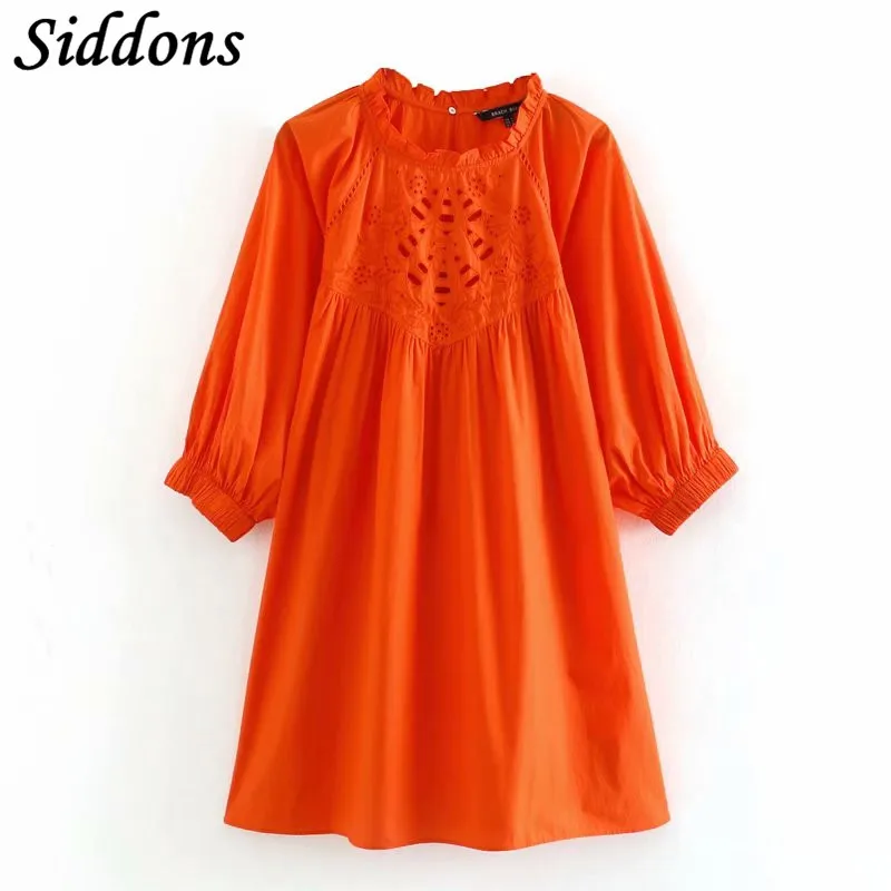 2020 ZA хлопковое платье с вышивкой женское однотонное высокой талией и круглым