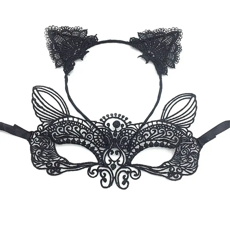 

Women Halloween Cosplay Hair Accessories 2 Piece Lace Eye Mask Cat Ears Headband Set Masquerade Party Kitten Costume