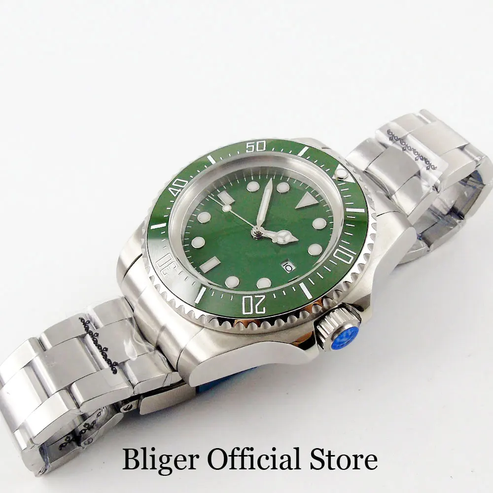 

BLIGER Sterile 44MM Green Dial Date Window Ceramic Bezel Big Automatic Wristwatch Mental Bracelet MIYOTA Movement