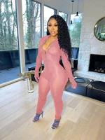 ronikasha spring 2021 women zipper bodycon jumpsuit with glove shiny transparent see through romper pink one piece club outfits