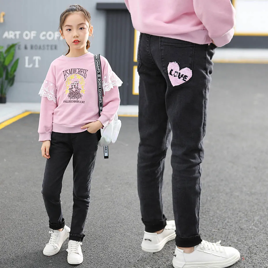 Джинсы с сердечками для девочек повседневные стильные детские джинсы 6 8 10 12 лет