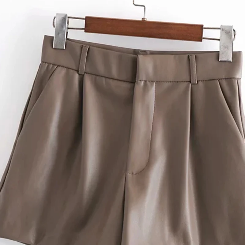 

Women's PU Shorts High Waist Blazer Short Office Formal Ladies Mujer Faux Leather Vintage Solid Short Loose Elegant Chic Work za