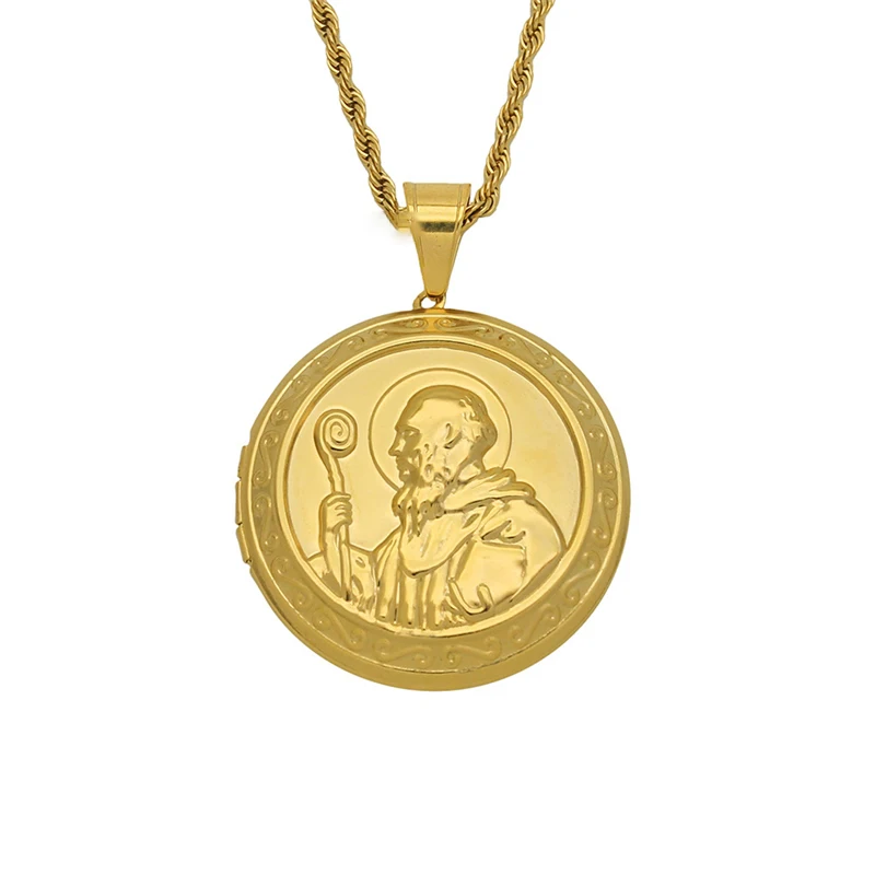 

Exquisite Gold Color Stainless Steel Photo Frame Necklaces For Women Minimalist Jewelry Fashion Catholic Saint Benedict Pendants