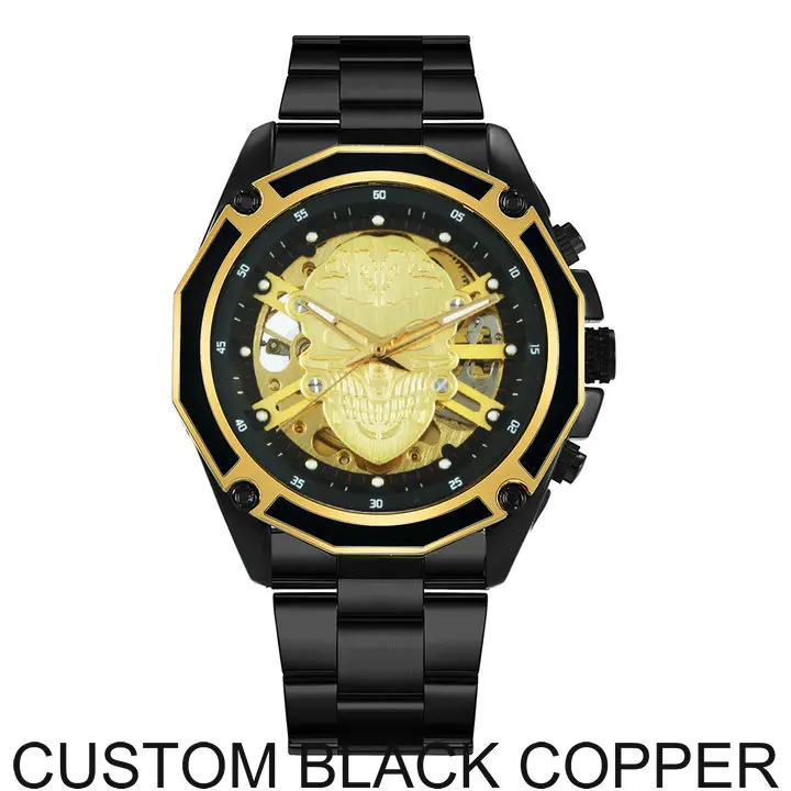 CUSTOM BLACK COPPER WINNER официальные деловые мужские часы Топ бренд класса люкс автоматические механические мужские часы с изображением скелета циферблат 3D череп наручные часы хип-хоп - Цвет: CUSTOM BLACK COPPER