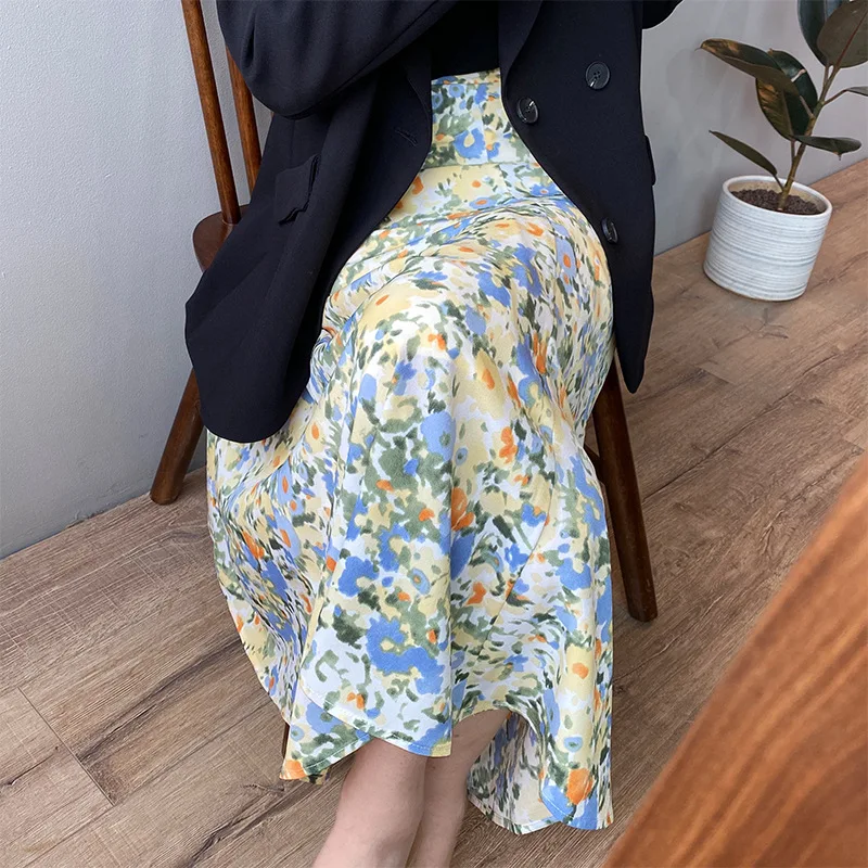 Женская юбка-трапеция средней длины с высокой талией голубая юбка цветочным