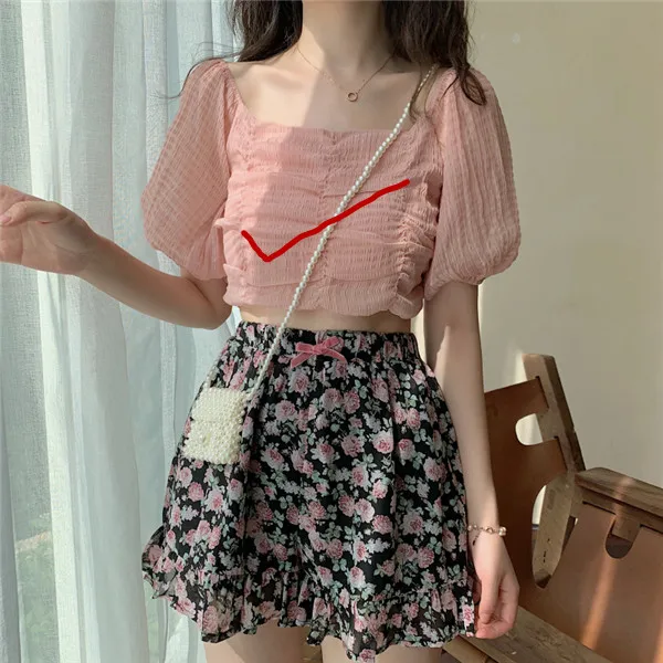 pink blouse RUGOD/винтажная однотонная женская блузка, Элегантная футболка с пышными рукавами, Стильные корейские летние топы, женская одежда - Цвет: pink blouse